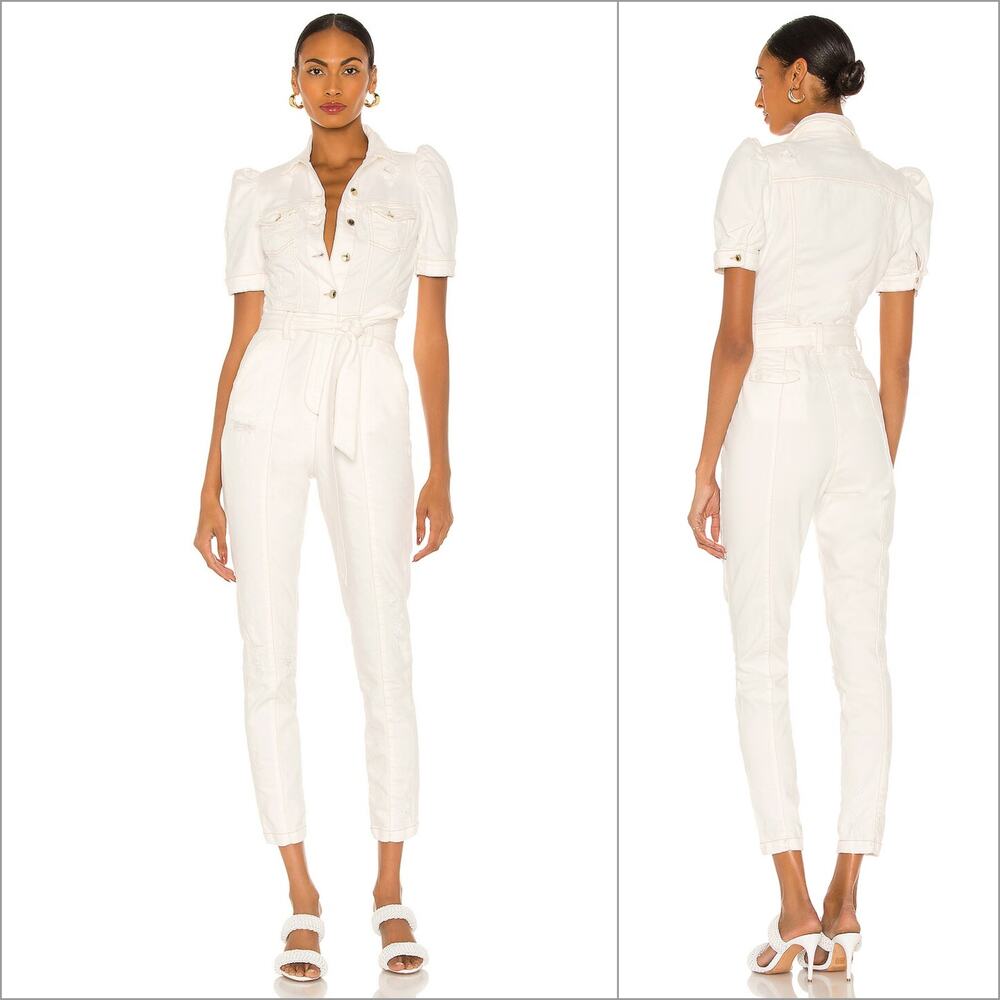 Retrofete Tori Jumpsuit in Vintage white Waist tie Distressed sz Small